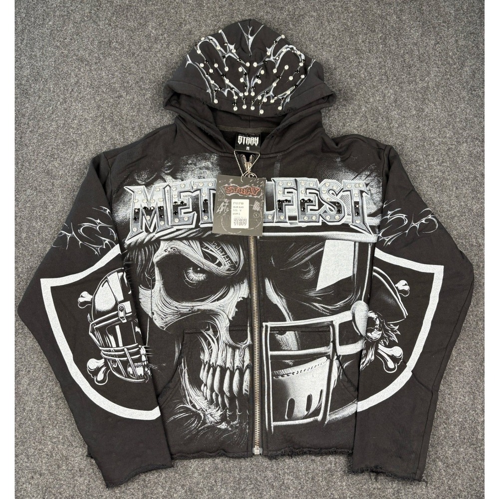 Stray Industries Metalfest Skull Zip Up Hoodie Black Rhinestone Spiked Mens M